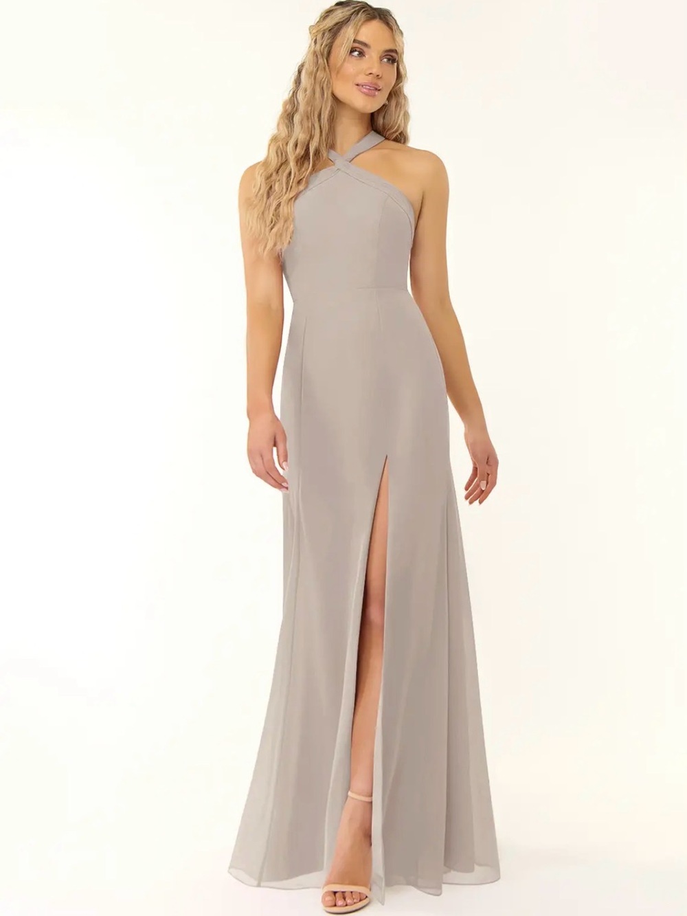 Azazie Rue A-Line Halter Chiffon Dress Frost 0